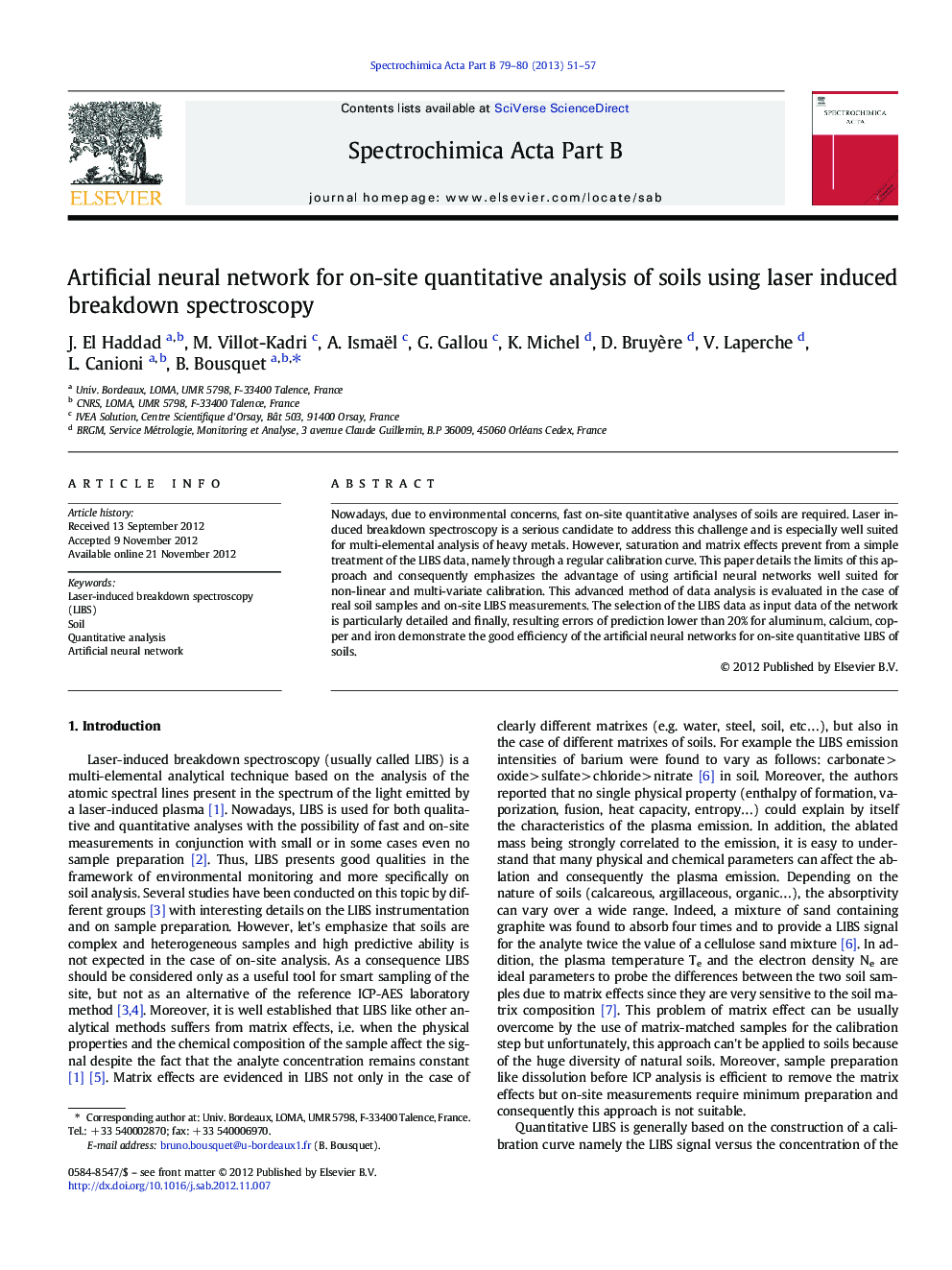 Artificial neural network for on-site quantitative analysis of soils using laser induced breakdown spectroscopy