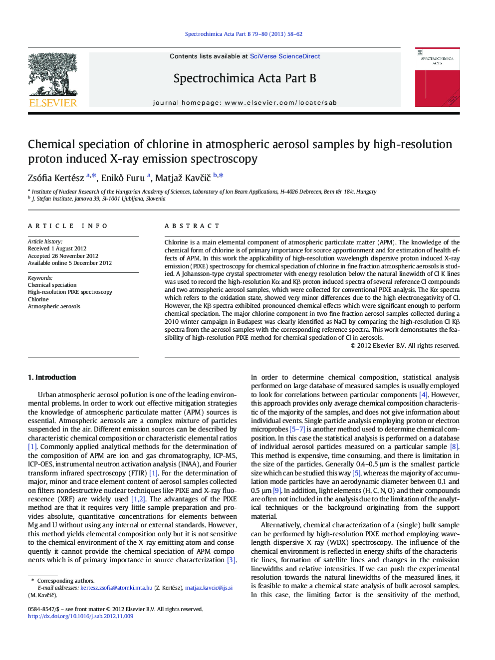 Chemical speciation of chlorine in atmospheric aerosol samples by high-resolution proton induced X-ray emission spectroscopy