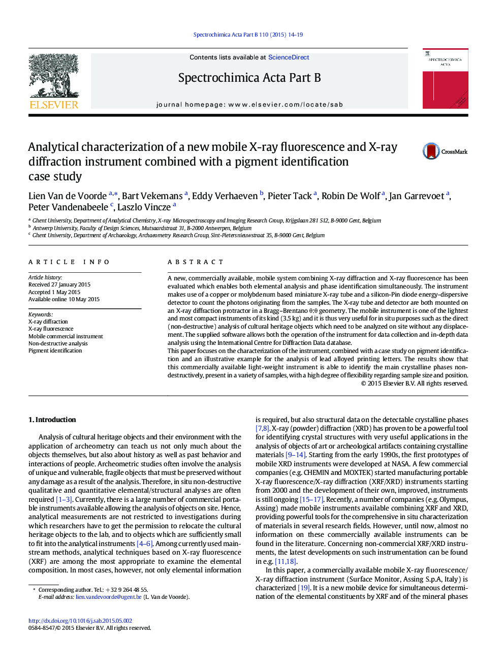 Analytical characterization of a new mobile X-ray fluorescence and X-ray diffraction instrument combined with a pigment identification case study