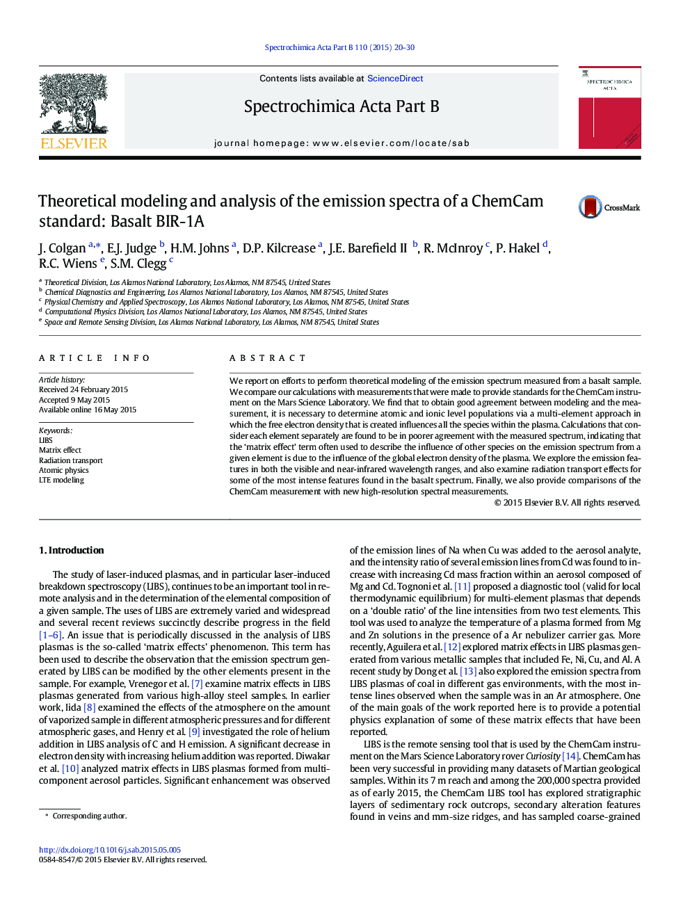 Theoretical modeling and analysis of the emission spectra of a ChemCam standard: Basalt BIR-1A