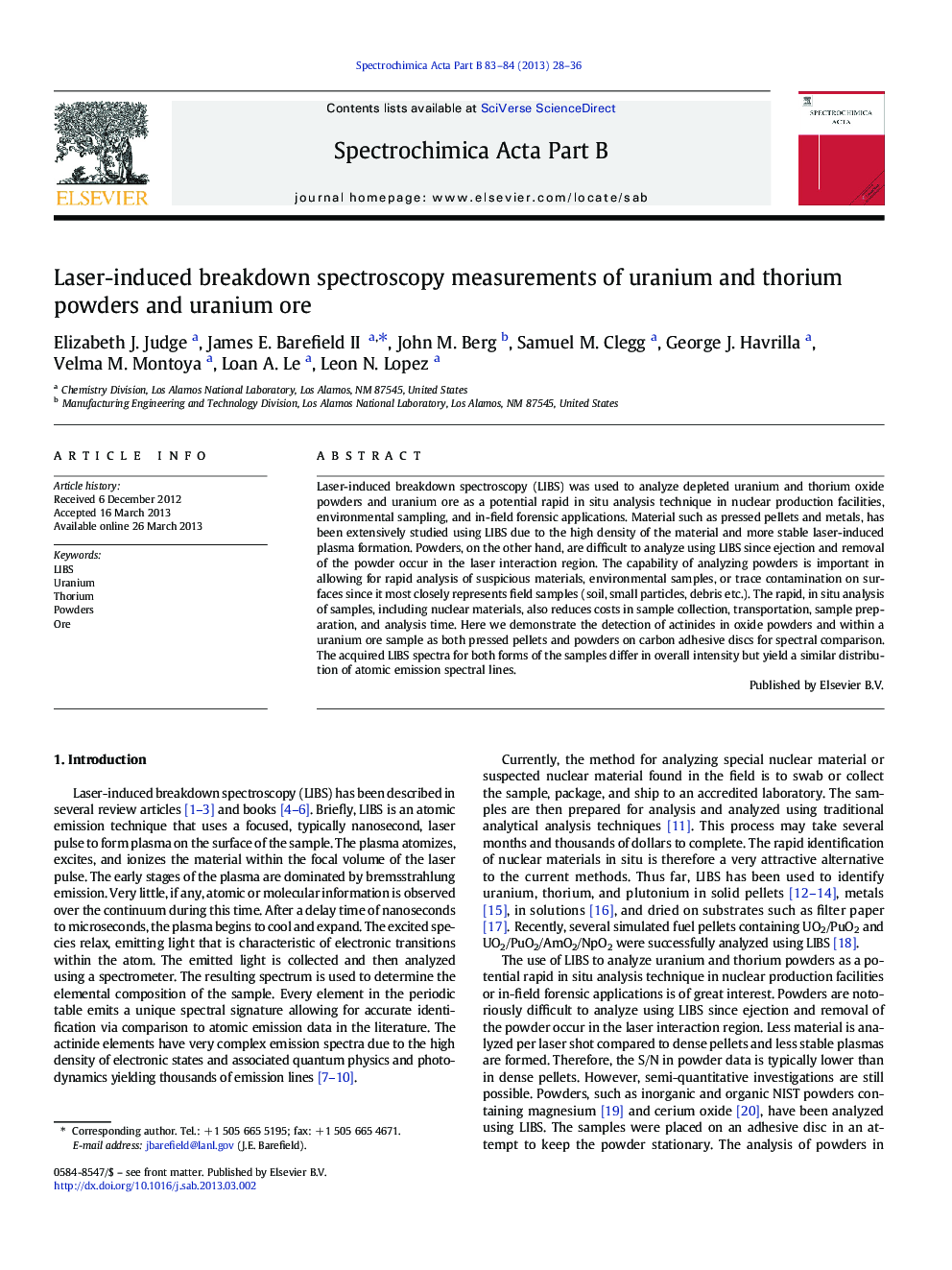 Laser-induced breakdown spectroscopy measurements of uranium and thorium powders and uranium ore