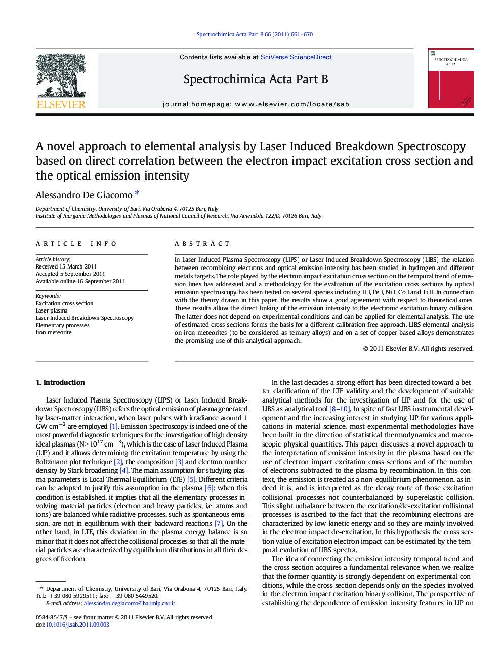 A novel approach to elemental analysis by Laser Induced Breakdown Spectroscopy based on direct correlation between the electron impact excitation cross section and the optical emission intensity