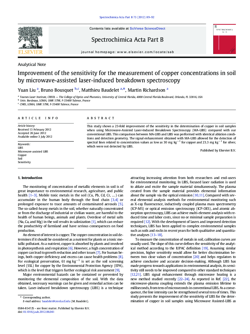 Improvement of the sensitivity for the measurement of copper concentrations in soil by microwave-assisted laser-induced breakdown spectroscopy