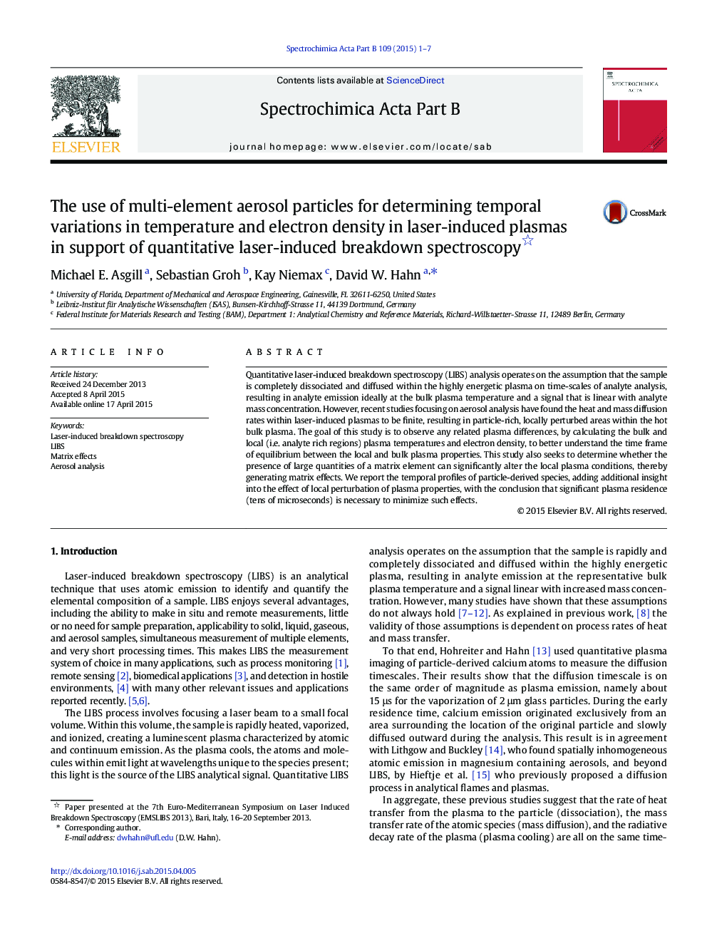 The use of multi-element aerosol particles for determining temporal variations in temperature and electron density in laser-induced plasmas in support of quantitative laser-induced breakdown spectroscopy 