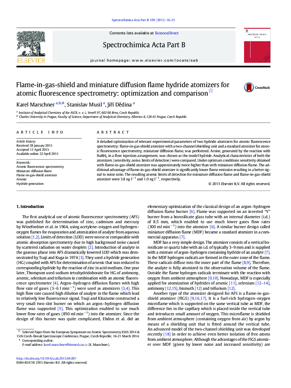 Flame-in-gas-shield and miniature diffusion flame hydride atomizers for atomic fluorescence spectrometry: optimization and comparison 