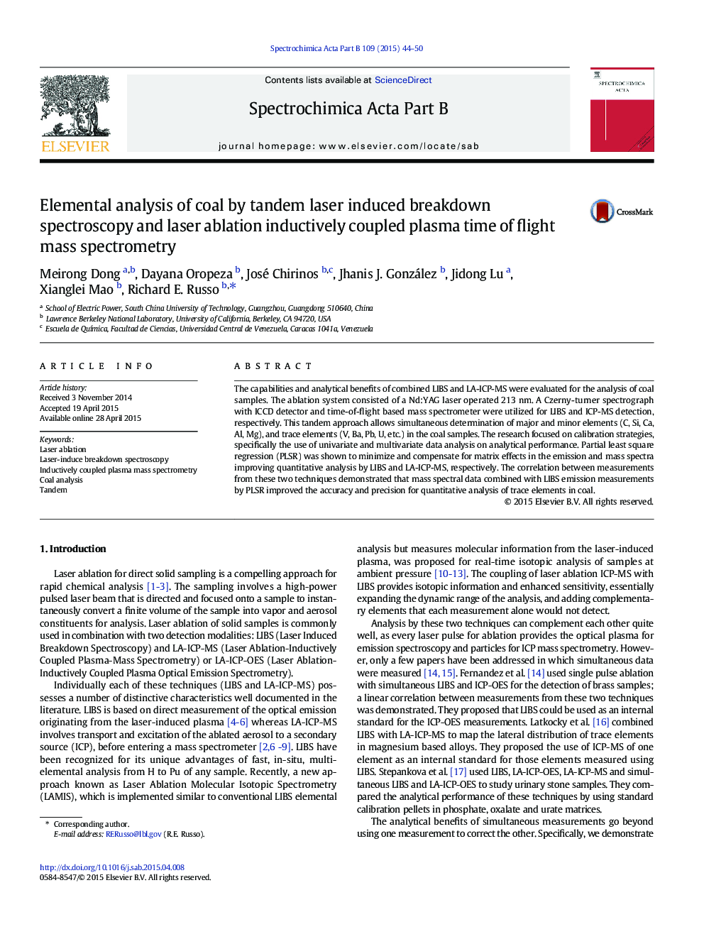 Elemental analysis of coal by tandem laser induced breakdown spectroscopy and laser ablation inductively coupled plasma time of flight mass spectrometry