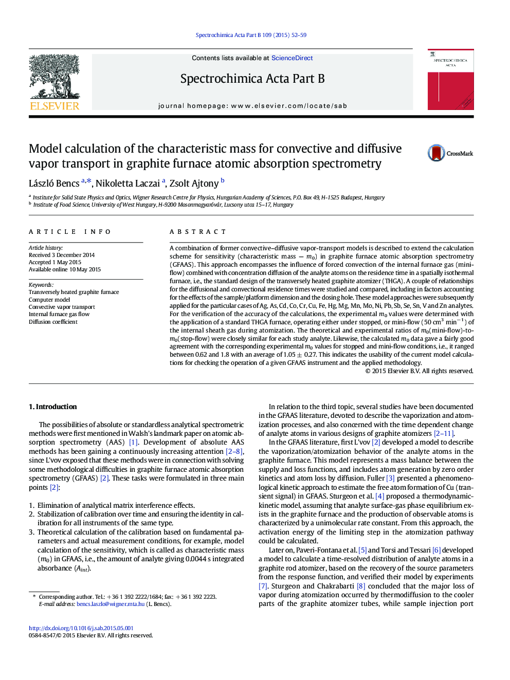 Model calculation of the characteristic mass for convective and diffusive vapor transport in graphite furnace atomic absorption spectrometry