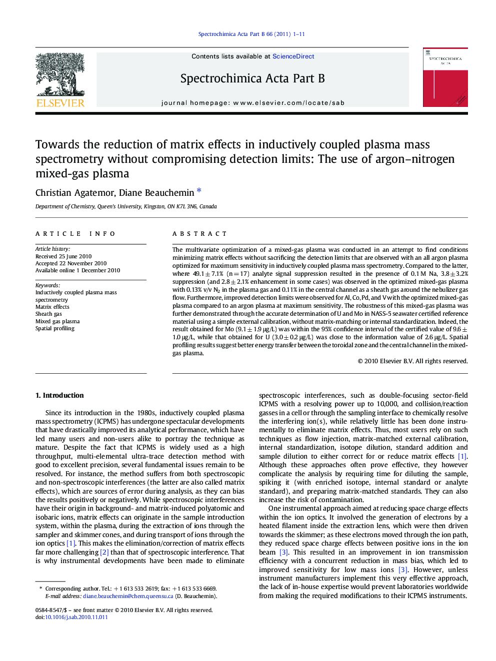 Towards the reduction of matrix effects in inductively coupled plasma mass spectrometry without compromising detection limits: The use of argon–nitrogen mixed-gas plasma