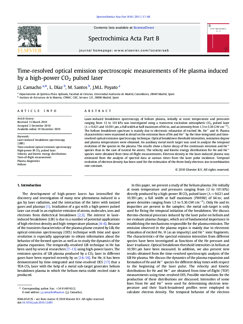 Time-resolved optical emission spectroscopic measurements of He plasma induced by a high-power CO2 pulsed laser