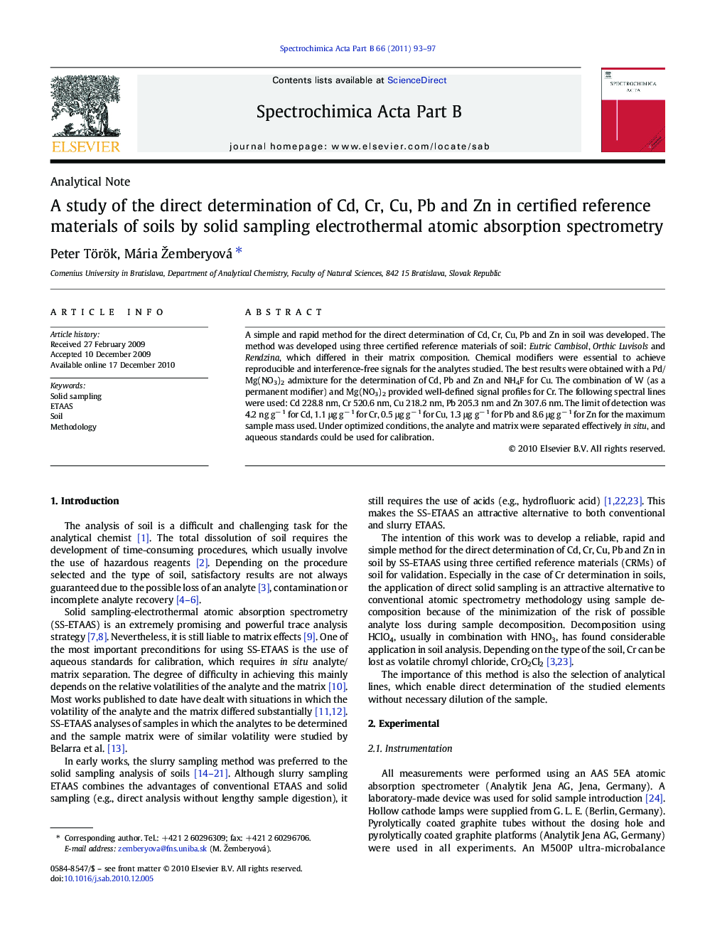 A study of the direct determination of Cd, Cr, Cu, Pb and Zn in certified reference materials of soils by solid sampling electrothermal atomic absorption spectrometry