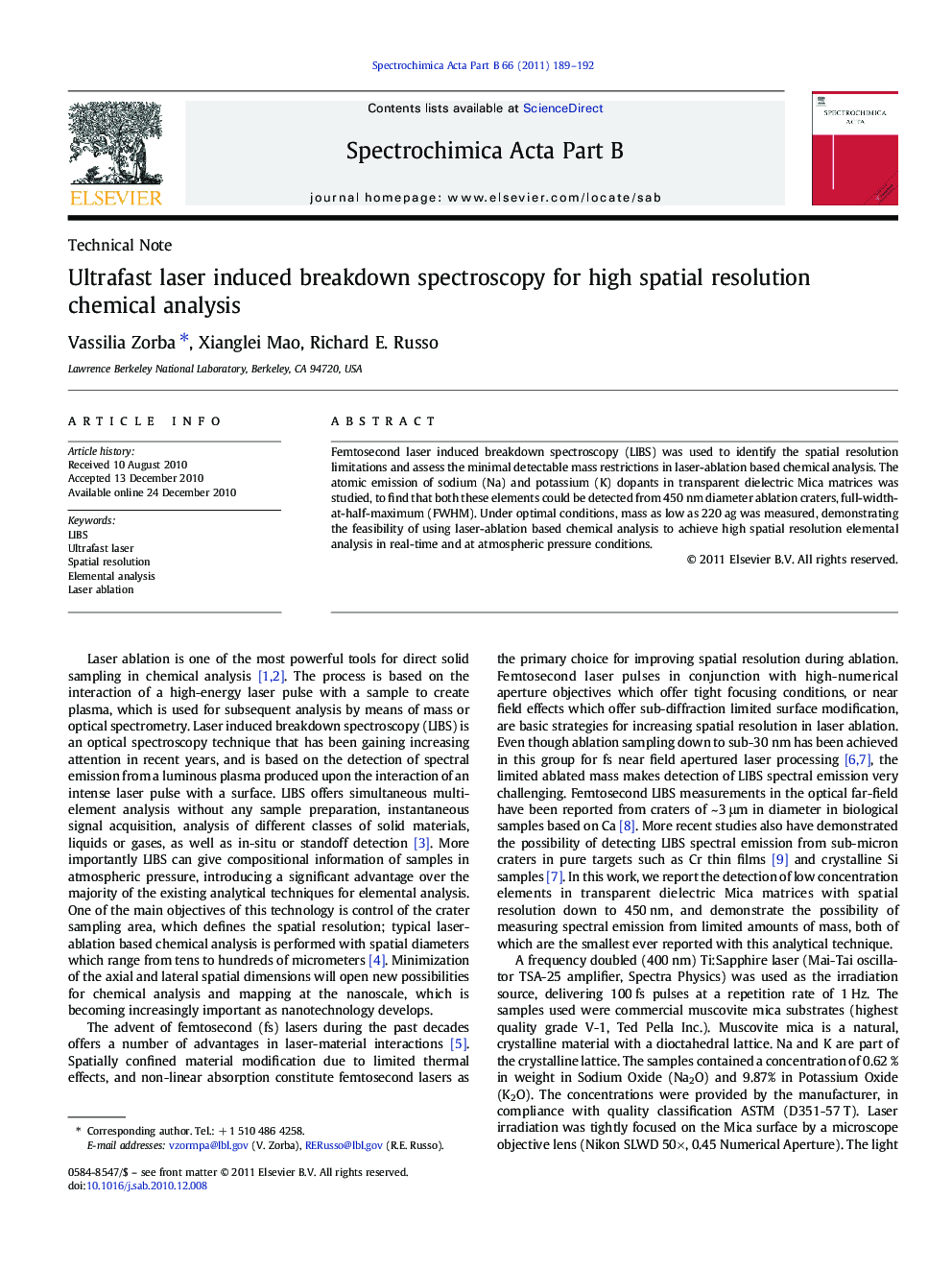 Ultrafast laser induced breakdown spectroscopy for high spatial resolution chemical analysis