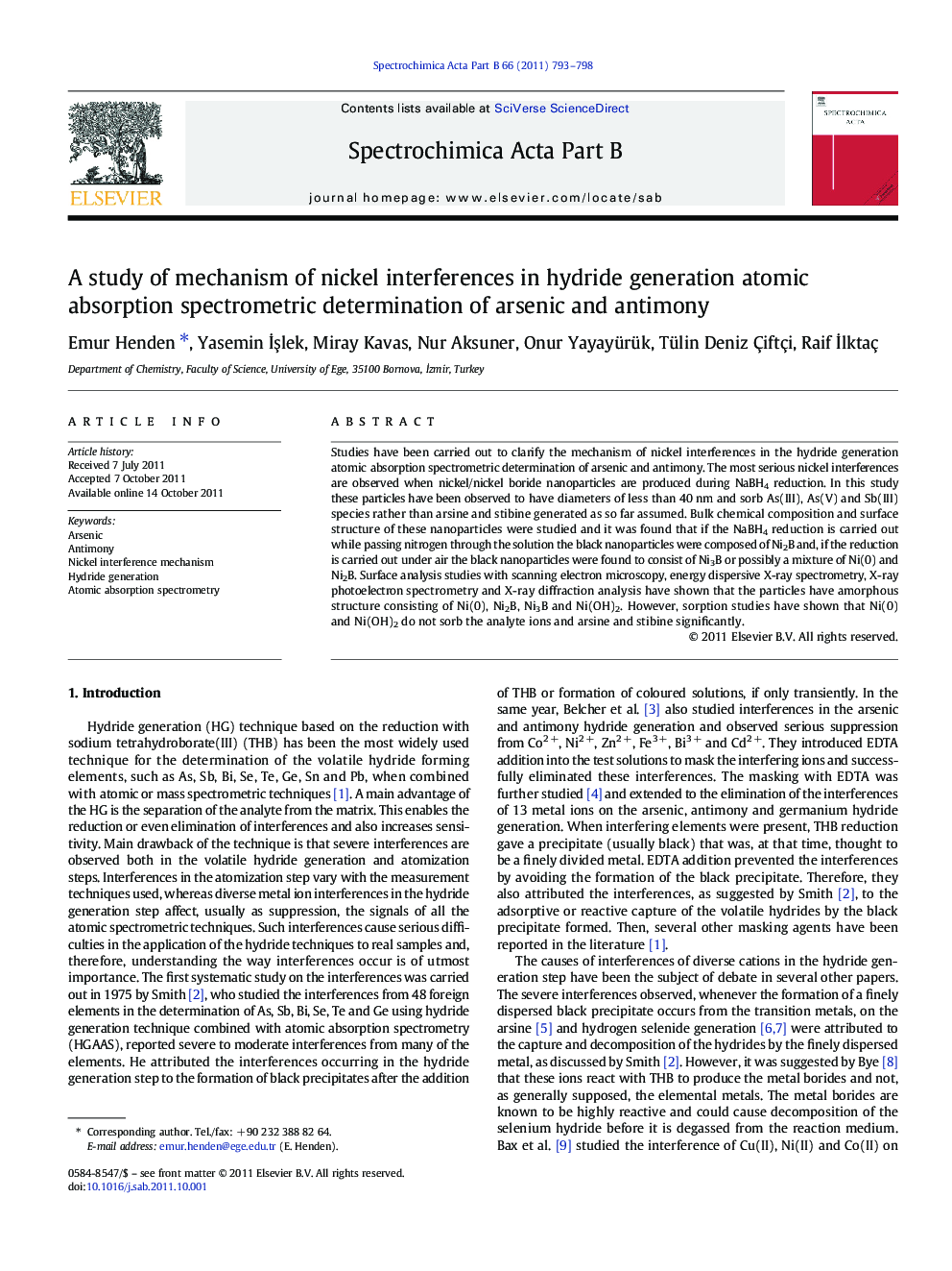 A study of mechanism of nickel interferences in hydride generation atomic absorption spectrometric determination of arsenic and antimony