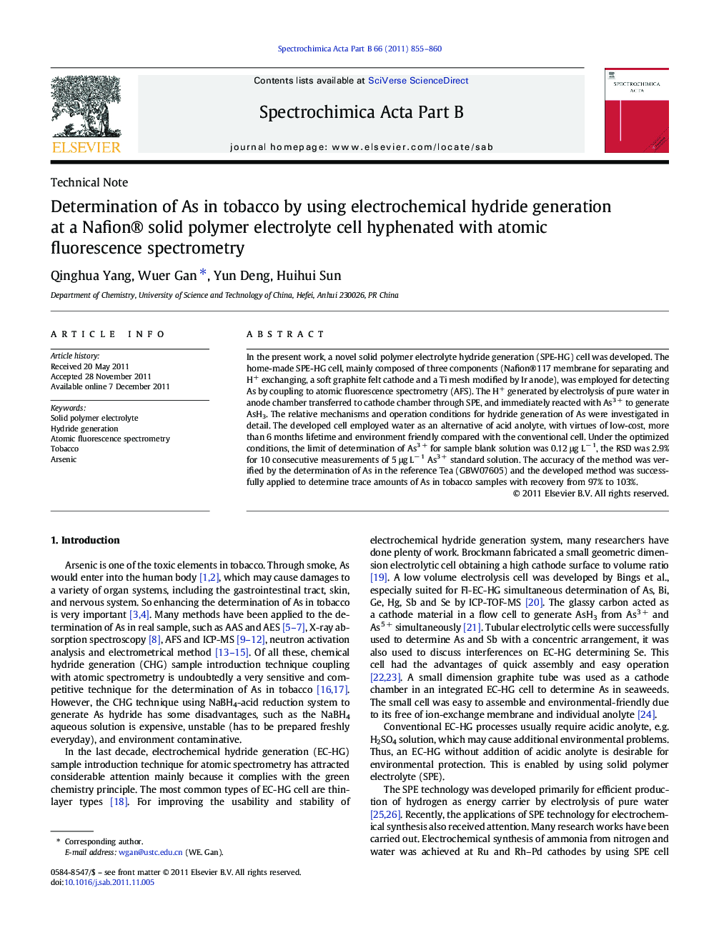 Determination of As in tobacco by using electrochemical hydride generation at a Nafion® solid polymer electrolyte cell hyphenated with atomic fluorescence spectrometry