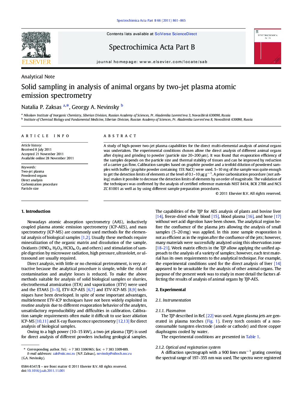 Solid sampling in analysis of animal organs by two-jet plasma atomic emission spectrometry