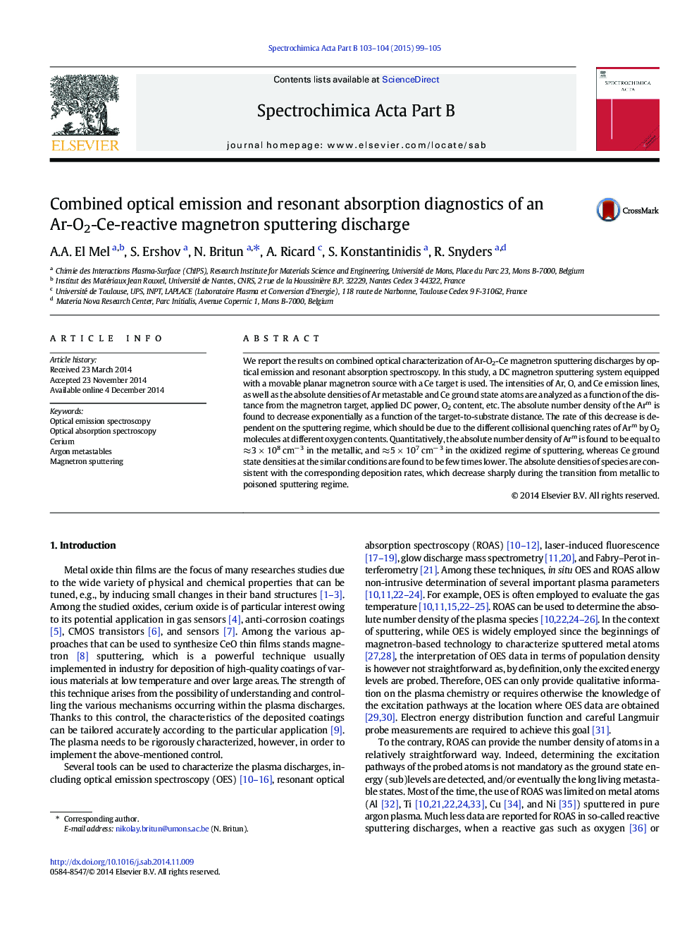 Combined optical emission and resonant absorption diagnostics of an Ar-O2-Ce-reactive magnetron sputtering discharge