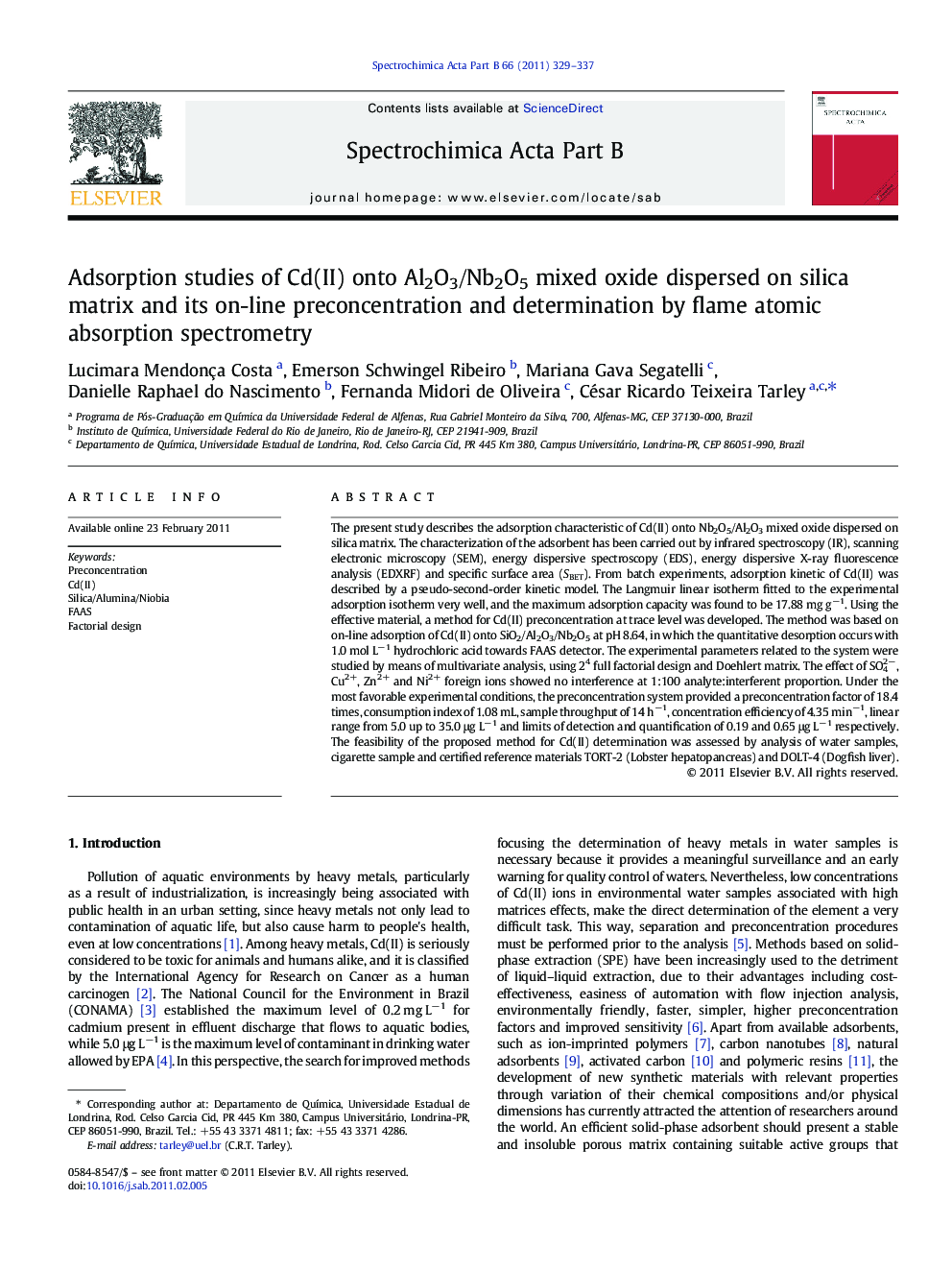 Adsorption studies of Cd(II) onto Al2O3/Nb2O5 mixed oxide dispersed on silica matrix and its on-line preconcentration and determination by flame atomic absorption spectrometry