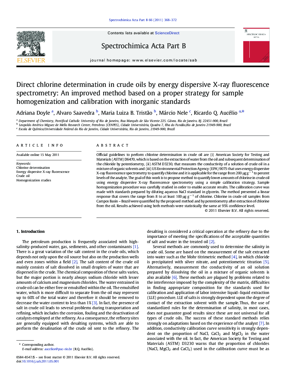 Direct chlorine determination in crude oils by energy dispersive X-ray fluorescence spectrometry: An improved method based on a proper strategy for sample homogenization and calibration with inorganic standards