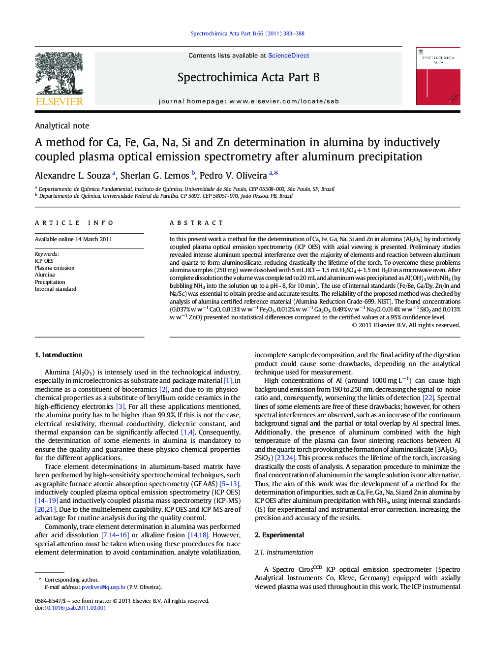 A method for Ca, Fe, Ga, Na, Si and Zn determination in alumina by inductively coupled plasma optical emission spectrometry after aluminum precipitation