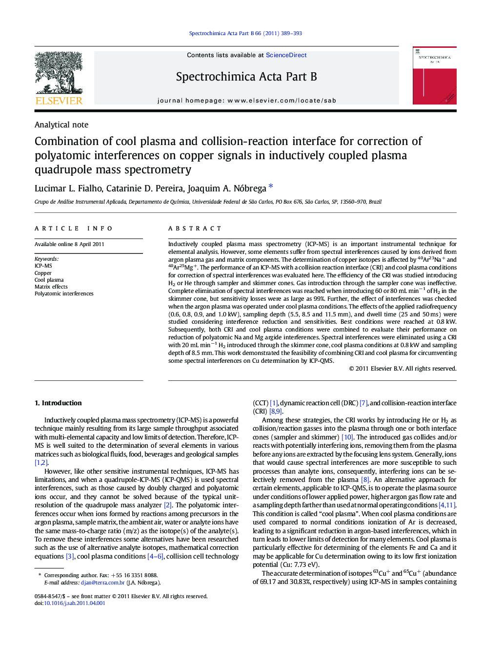 Combination of cool plasma and collision-reaction interface for correction of polyatomic interferences on copper signals in inductively coupled plasma quadrupole mass spectrometry