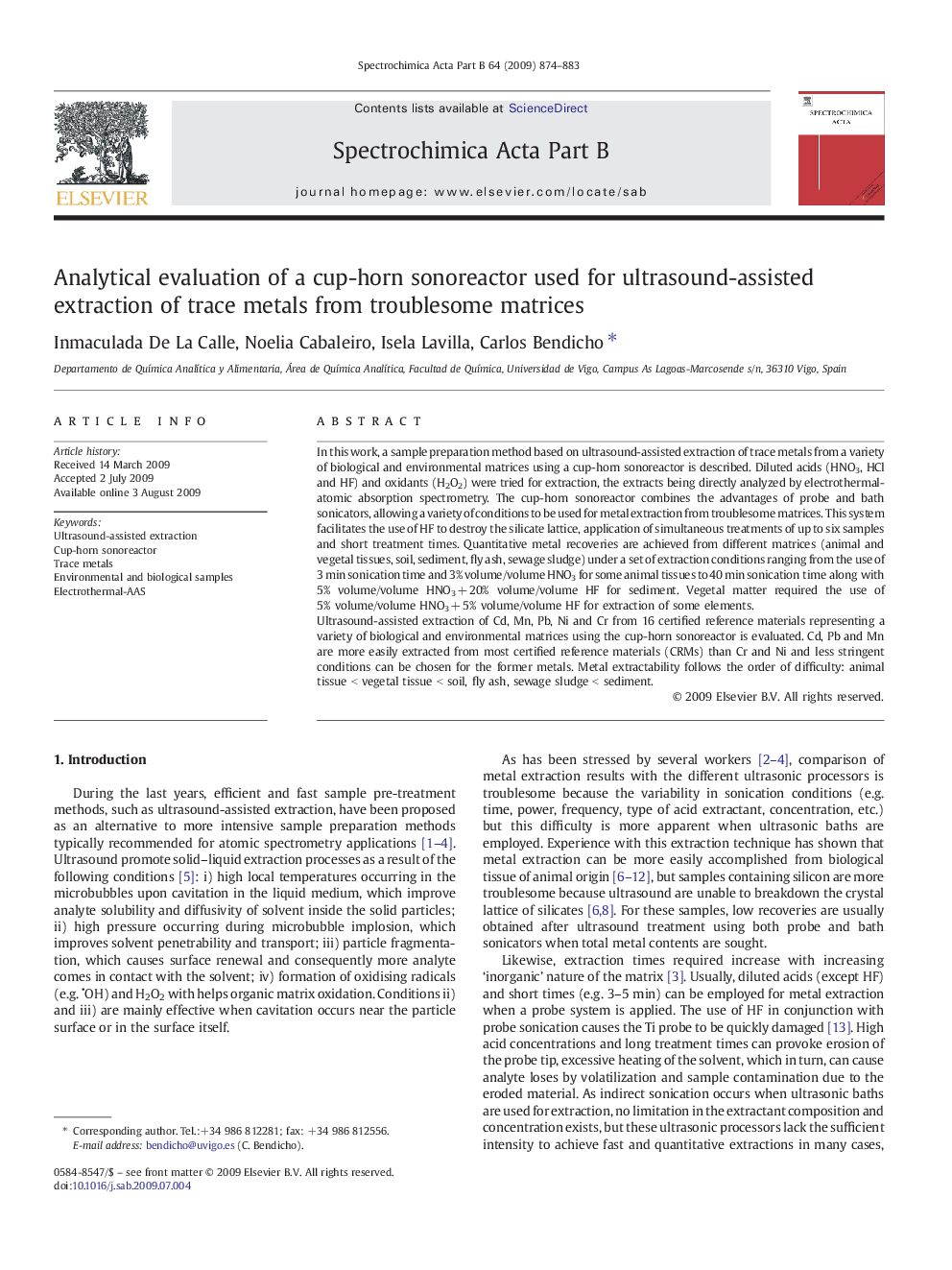 Analytical evaluation of a cup-horn sonoreactor used for ultrasound-assisted extraction of trace metals from troublesome matrices