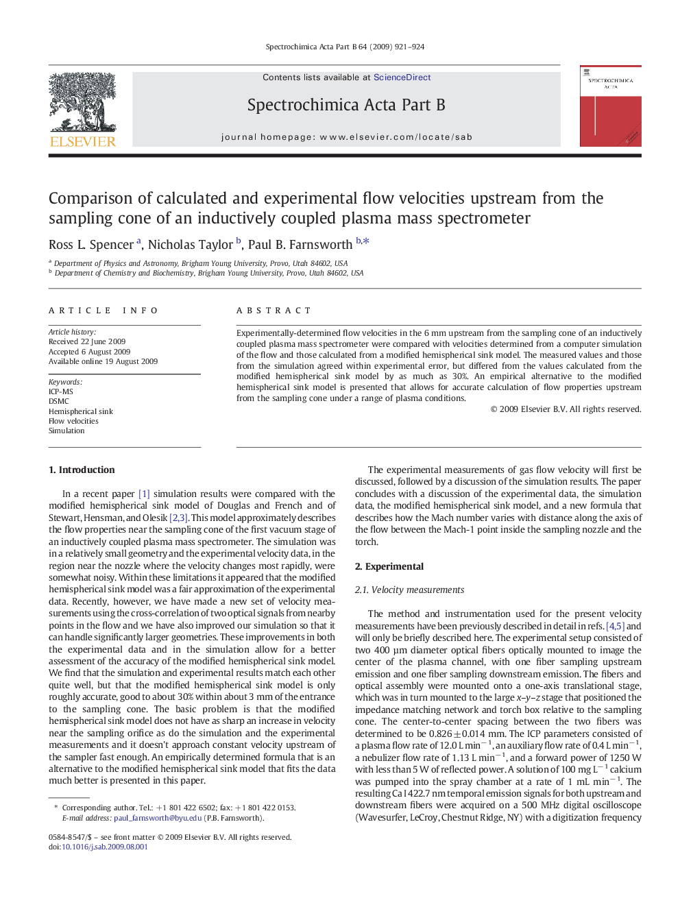 Comparison of calculated and experimental flow velocities upstream from the sampling cone of an inductively coupled plasma mass spectrometer