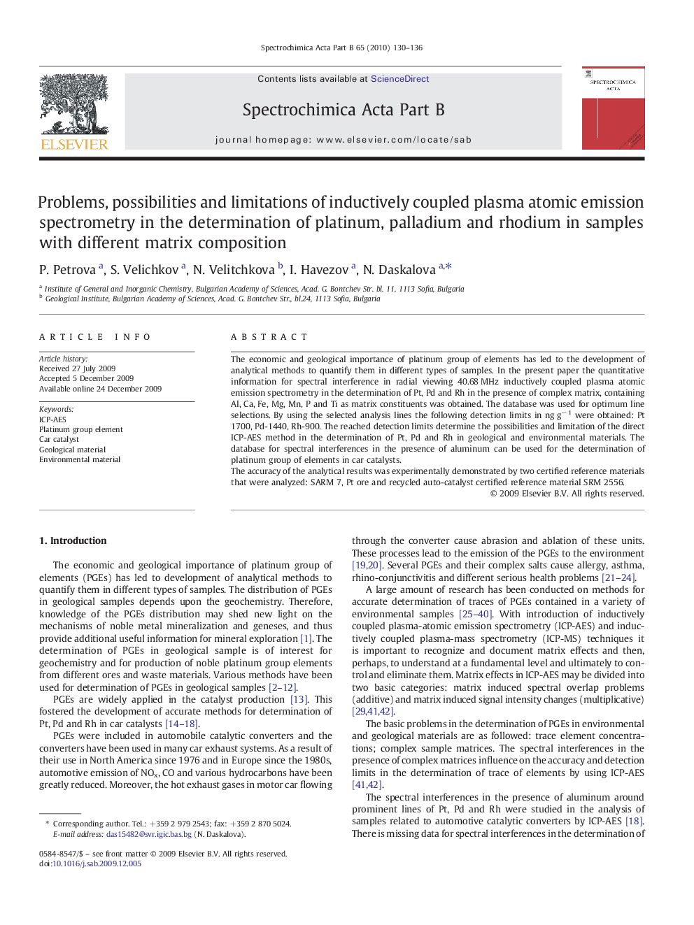 Problems, possibilities and limitations of inductively coupled plasma atomic emission spectrometry in the determination of platinum, palladium and rhodium in samples with different matrix composition