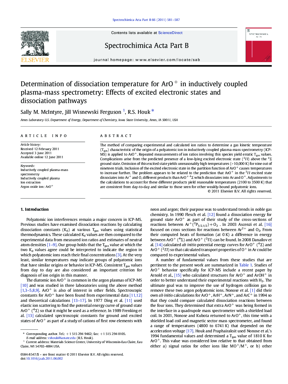 Determination of dissociation temperature for ArO+ in inductively coupled plasma-mass spectrometry: Effects of excited electronic states and dissociation pathways