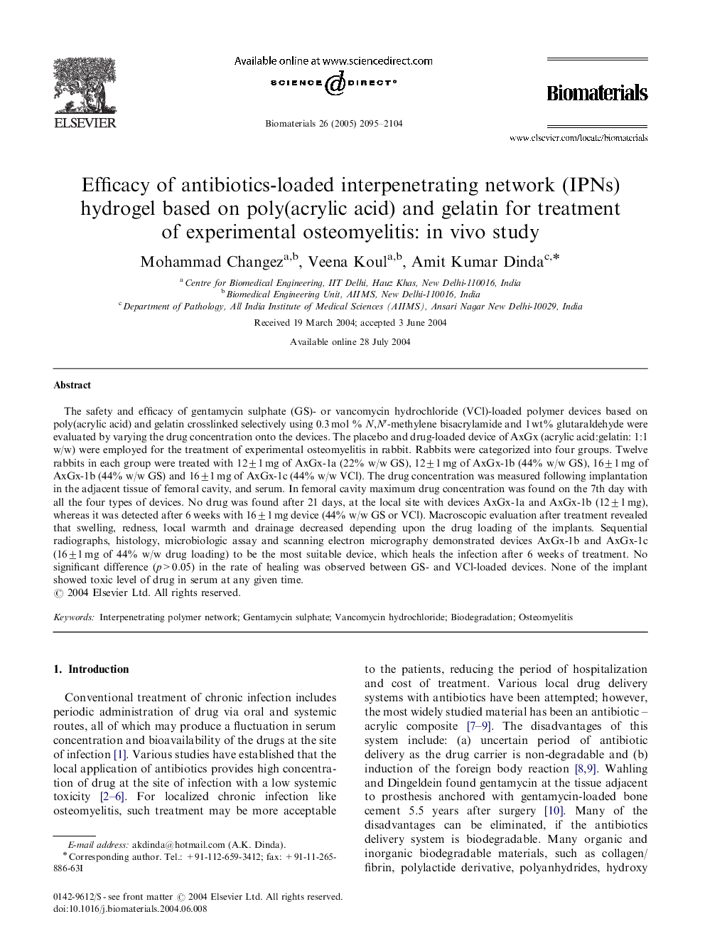 Efficacy of antibiotics-loaded interpenetrating network (IPNs) hydrogel based on poly(acrylic acid) and gelatin for treatment of experimental osteomyelitis: in vivo study