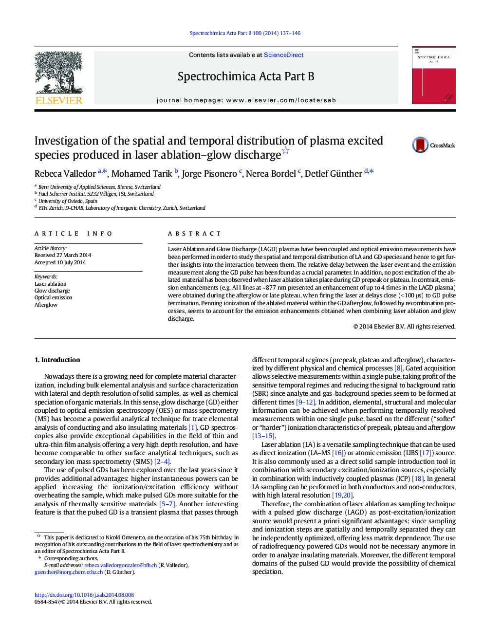 Investigation of the spatial and temporal distribution of plasma excited species produced in laser ablation–glow discharge 