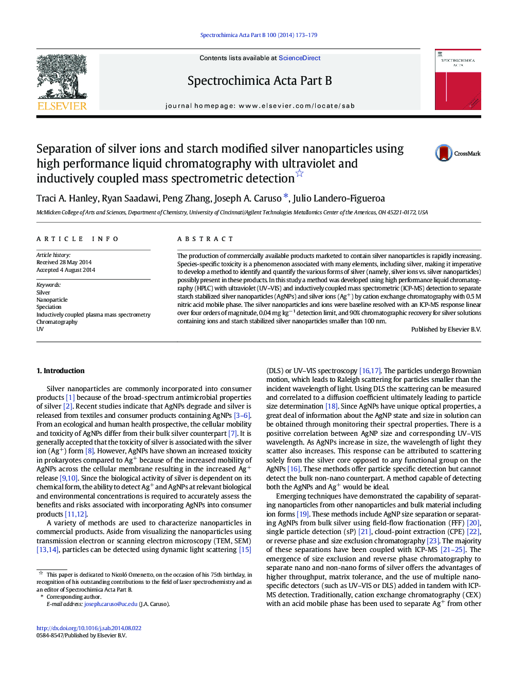 Separation of silver ions and starch modified silver nanoparticles using high performance liquid chromatography with ultraviolet and inductively coupled mass spectrometric detection 