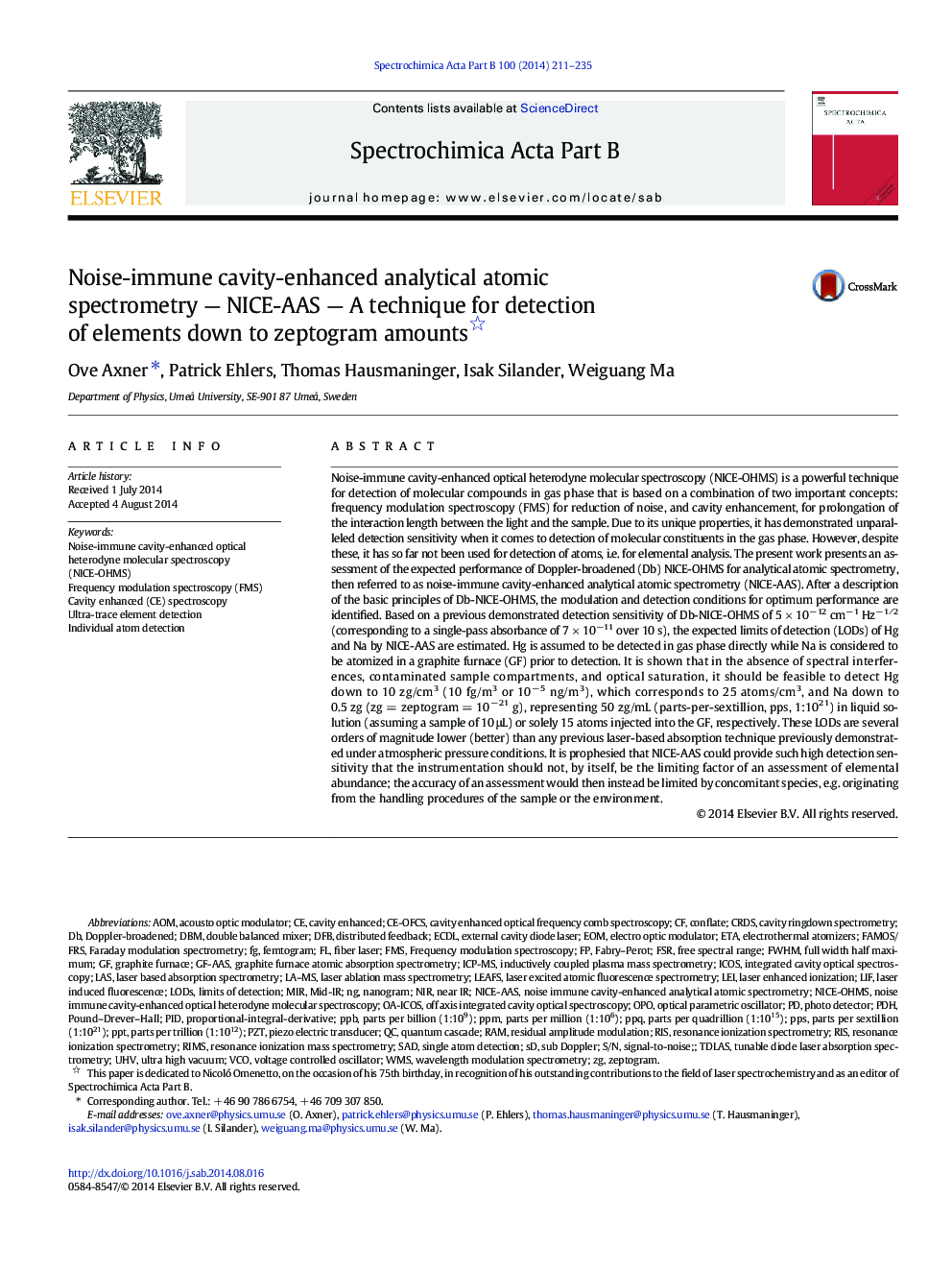 Noise-immune cavity-enhanced analytical atomic spectrometry — NICE-AAS — A technique for detection of elements down to zeptogram amounts 
