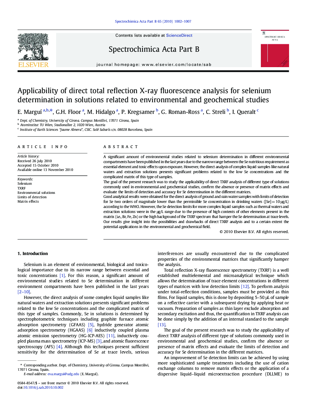 Applicability of direct total reflection X-ray fluorescence analysis for selenium determination in solutions related to environmental and geochemical studies