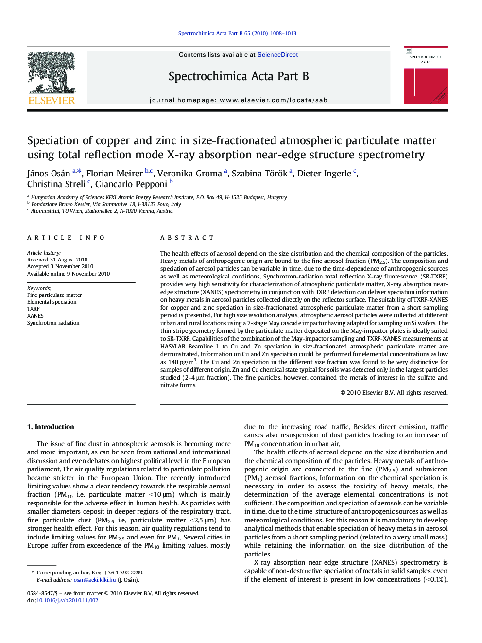 Speciation of copper and zinc in size-fractionated atmospheric particulate matter using total reflection mode X-ray absorption near-edge structure spectrometry