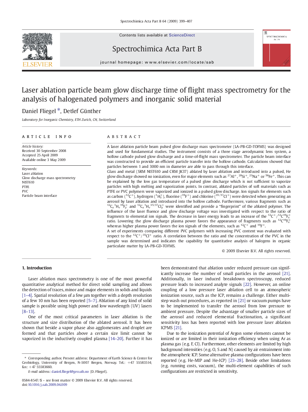 Laser ablation particle beam glow discharge time of flight mass spectrometry for the analysis of halogenated polymers and inorganic solid material