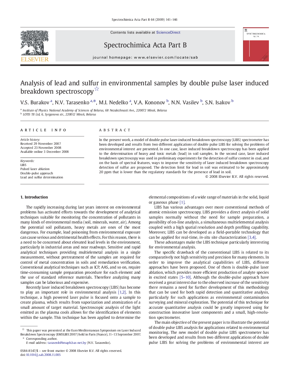 Analysis of lead and sulfur in environmental samples by double pulse laser induced breakdown spectroscopy 