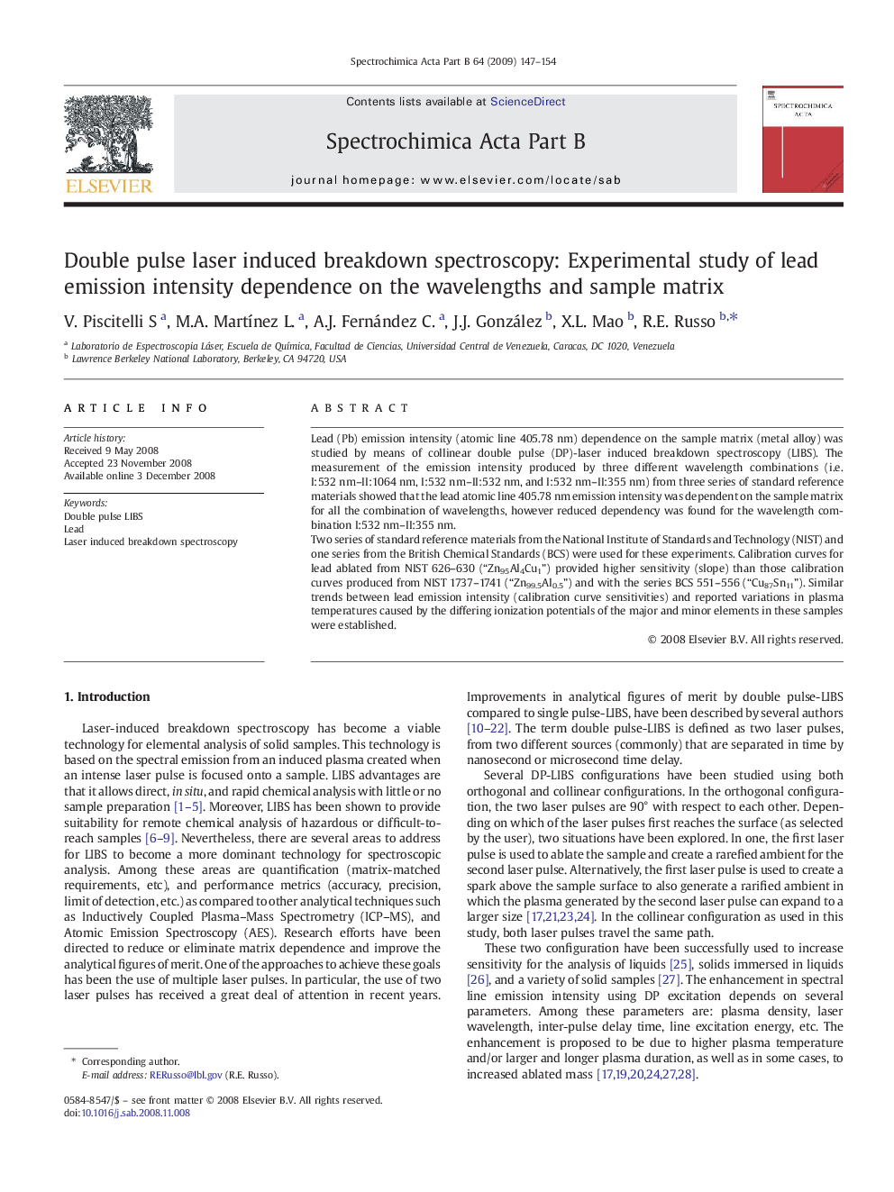 Double pulse laser induced breakdown spectroscopy: Experimental study of lead emission intensity dependence on the wavelengths and sample matrix