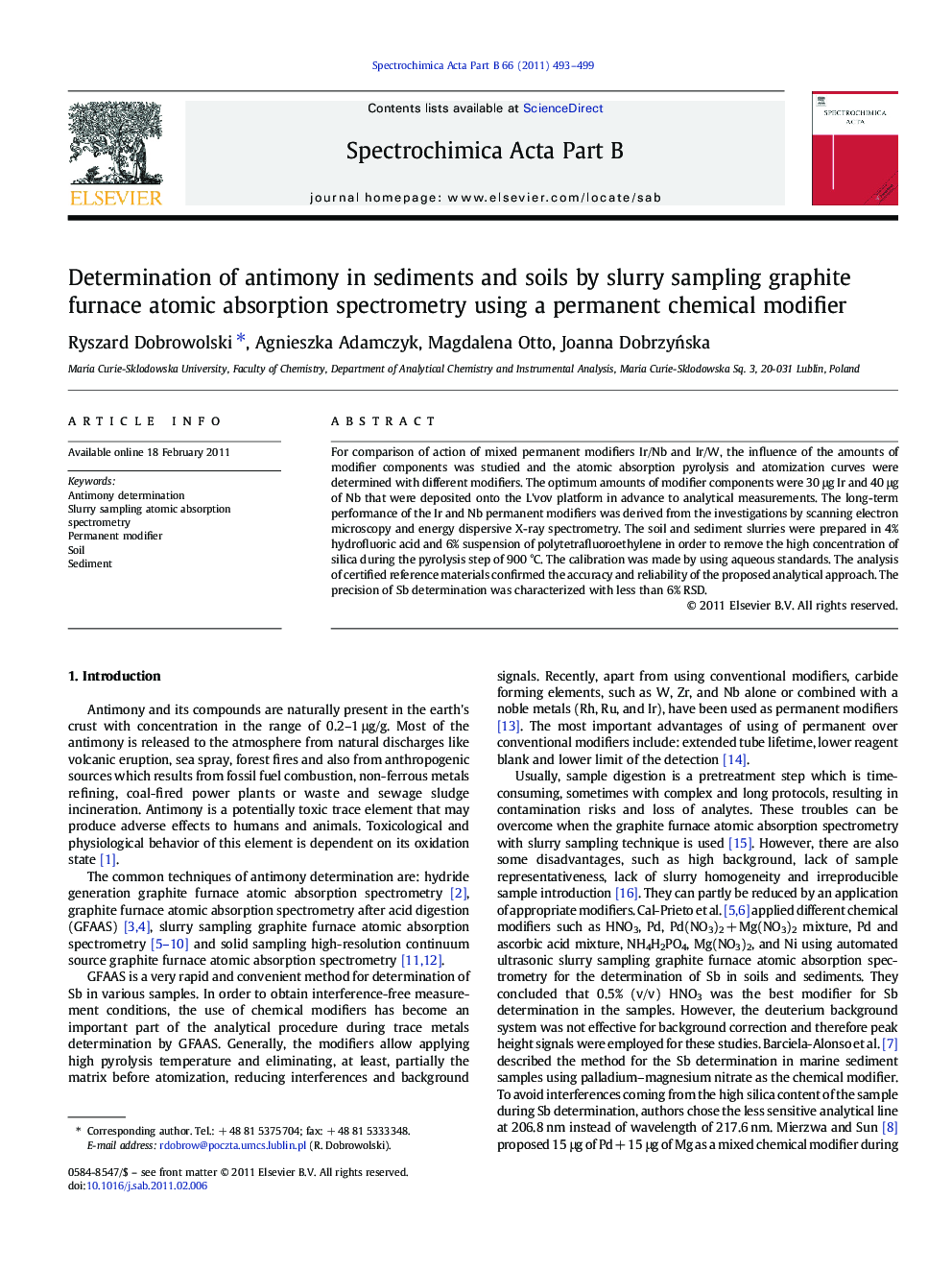 Determination of antimony in sediments and soils by slurry sampling graphite furnace atomic absorption spectrometry using a permanent chemical modifier