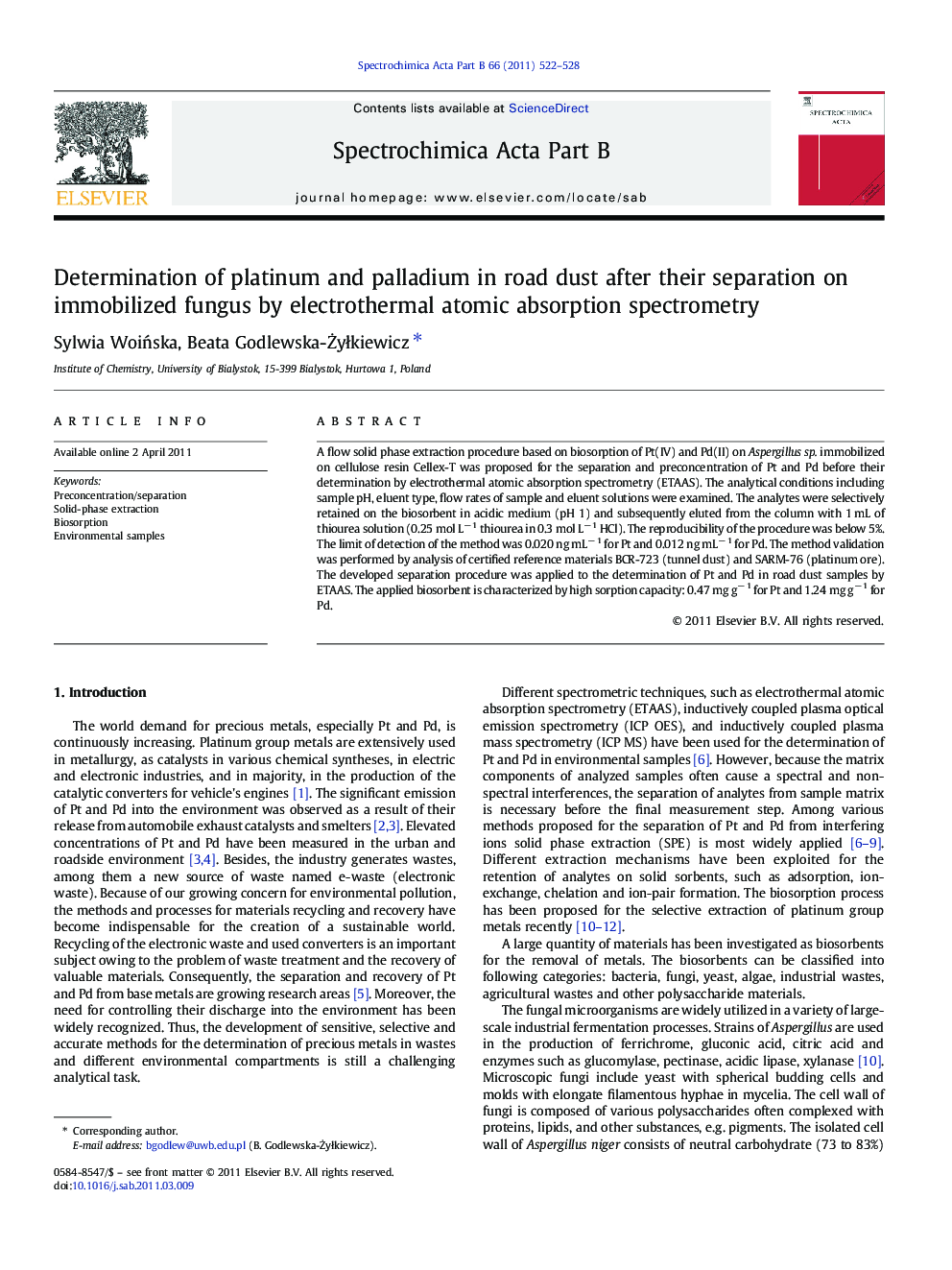 Determination of platinum and palladium in road dust after their separation on immobilized fungus by electrothermal atomic absorption spectrometry