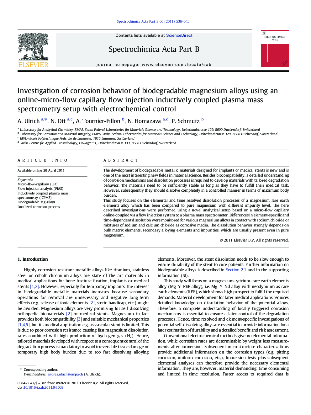 Investigation of corrosion behavior of biodegradable magnesium alloys using an online-micro-flow capillary flow injection inductively coupled plasma mass spectrometry setup with electrochemical control