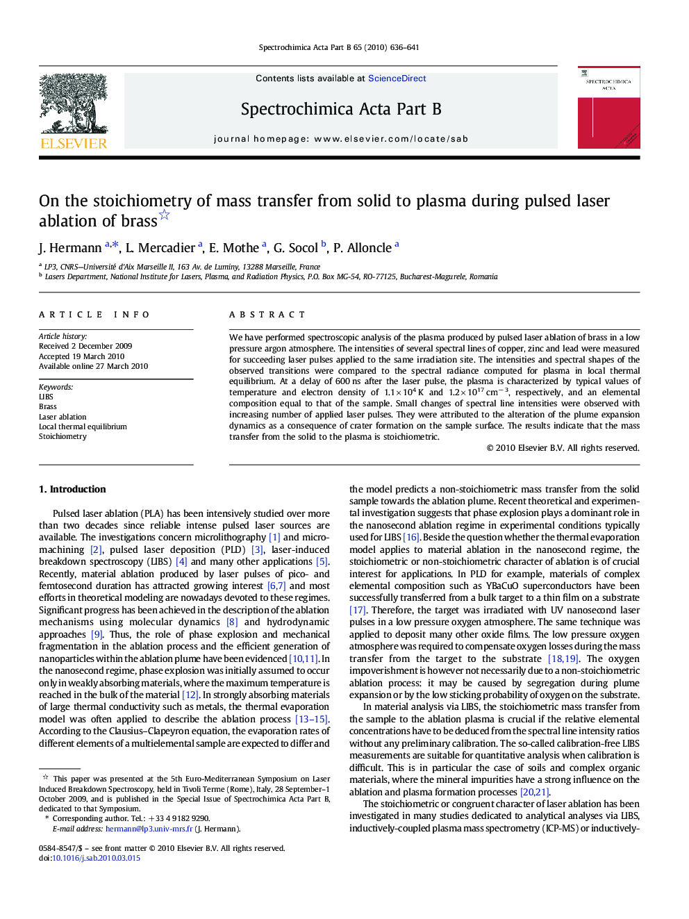 On the stoichiometry of mass transfer from solid to plasma during pulsed laser ablation of brass 