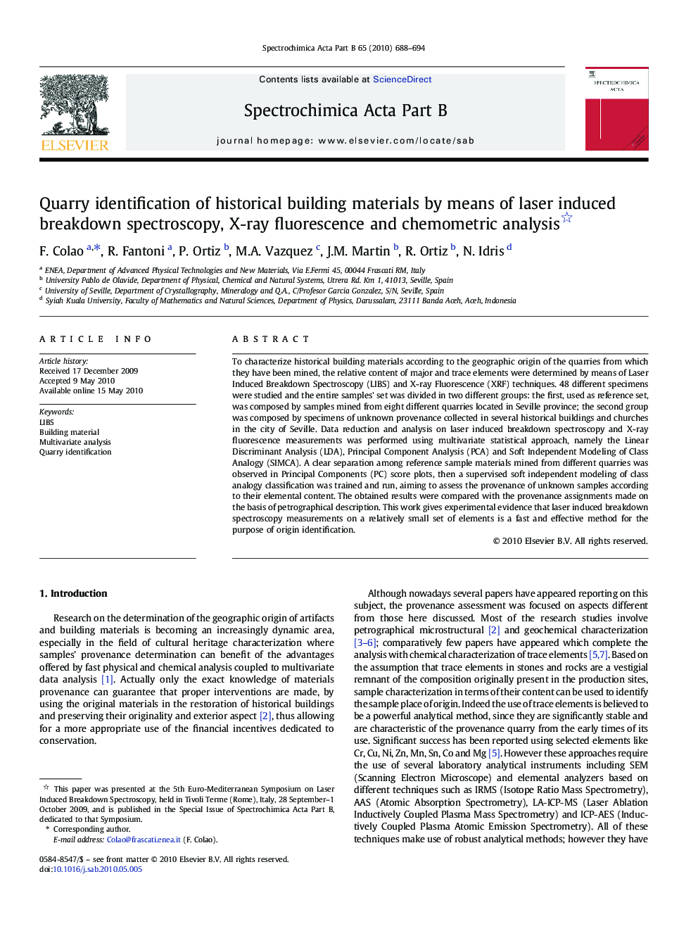 Quarry identification of historical building materials by means of laser induced breakdown spectroscopy, X-ray fluorescence and chemometric analysis 