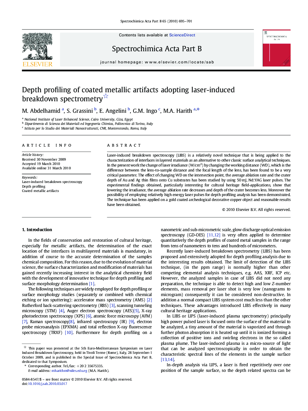 Depth profiling of coated metallic artifacts adopting laser-induced breakdown spectrometry 