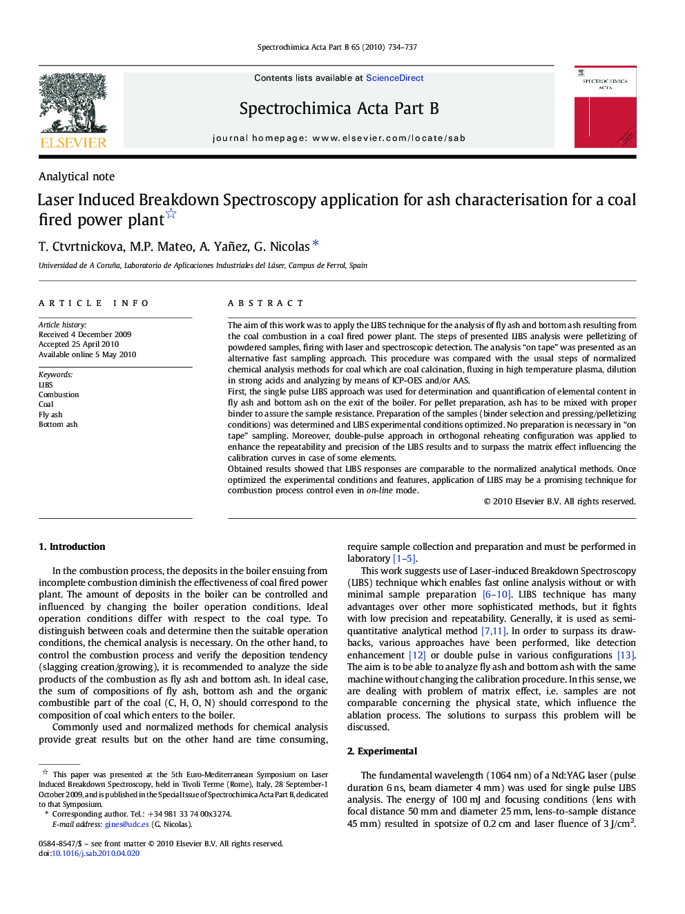 Laser Induced Breakdown Spectroscopy application for ash characterisation for a coal fired power plant 