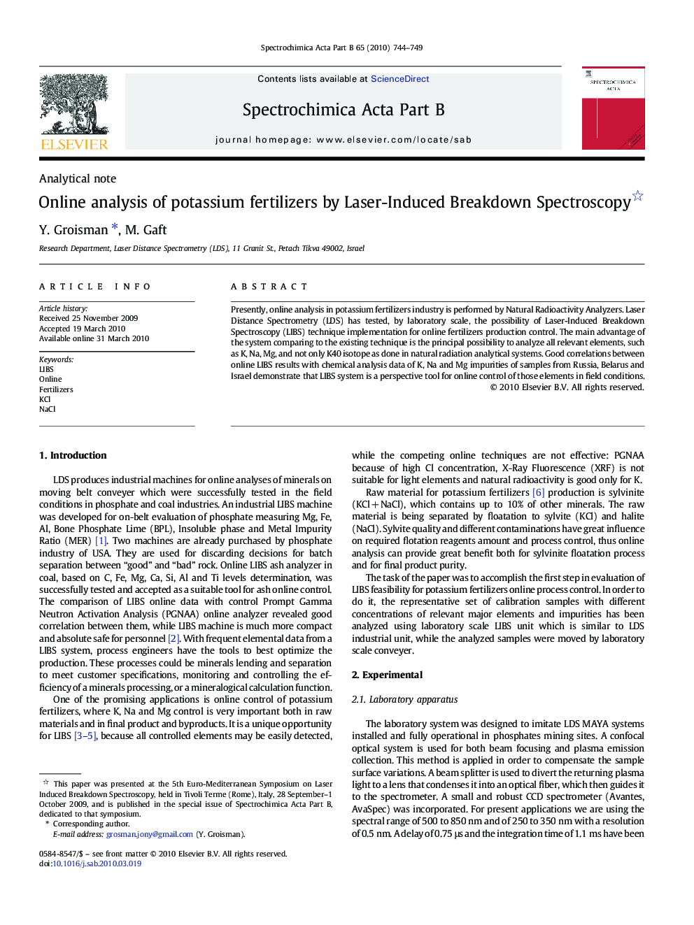 Online analysis of potassium fertilizers by Laser-Induced Breakdown Spectroscopy 