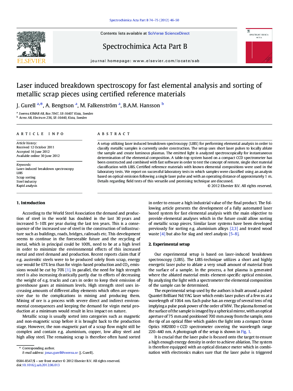 Laser induced breakdown spectroscopy for fast elemental analysis and sorting of metallic scrap pieces using certified reference materials