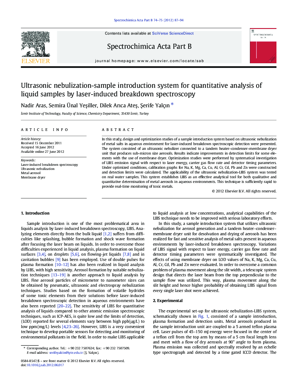 Ultrasonic nebulization-sample introduction system for quantitative analysis of liquid samples by laser-induced breakdown spectroscopy