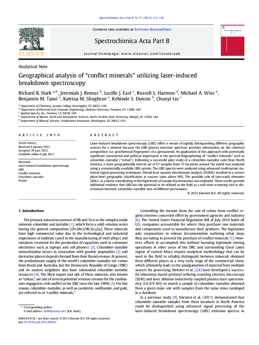 Geographical analysis of “conflict minerals” utilizing laser-induced breakdown spectroscopy