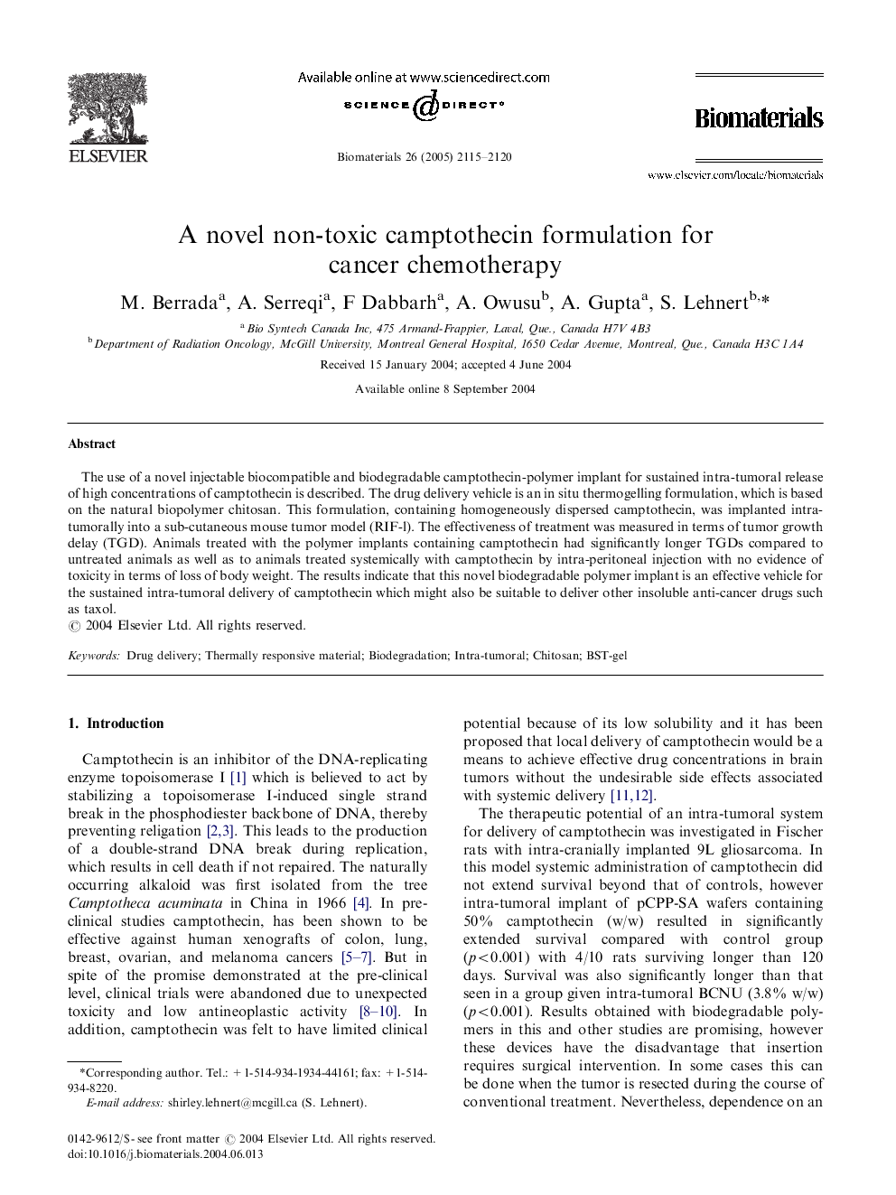 A novel non-toxic camptothecin formulation for cancer chemotherapy