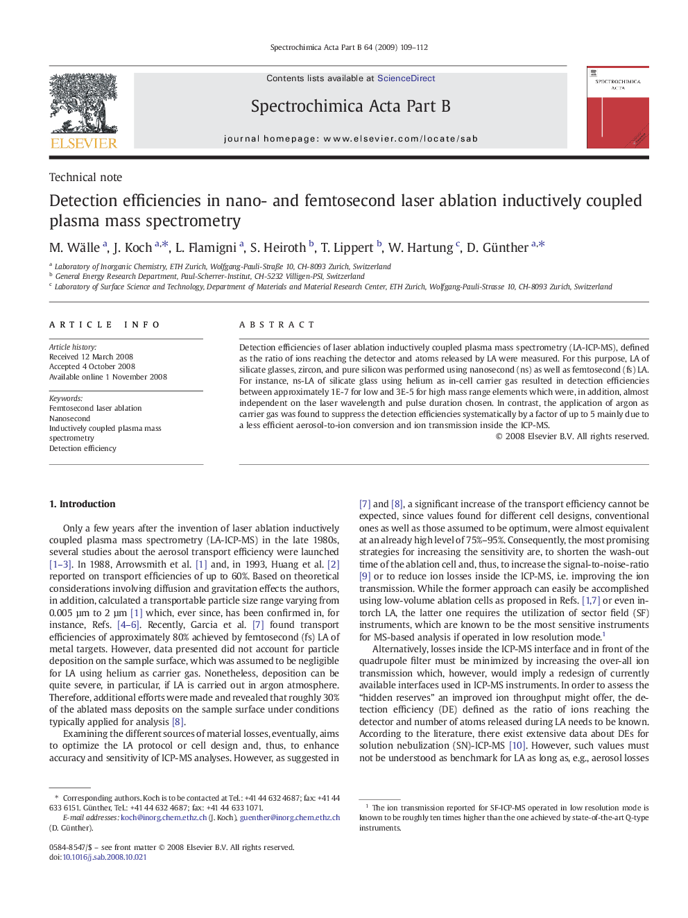 Detection efficiencies in nano- and femtosecond laser ablation inductively coupled plasma mass spectrometry