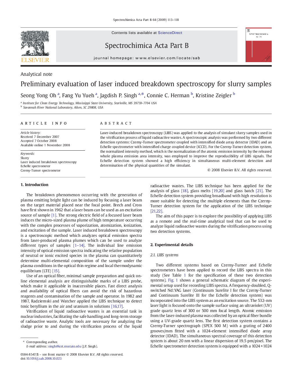 Preliminary evaluation of laser induced breakdown spectroscopy for slurry samples